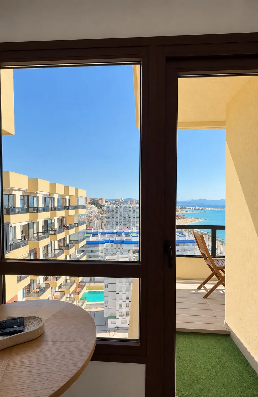 Sea and communal pool views from an apartment on the Costa del Sol