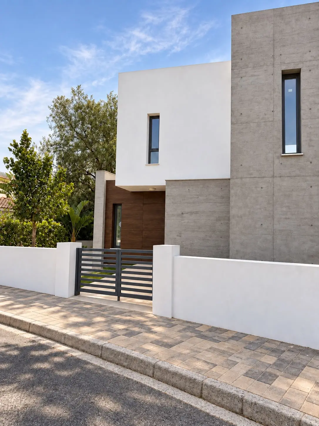 Facade of a new-build villa with concrete and timber cladding in Marbella